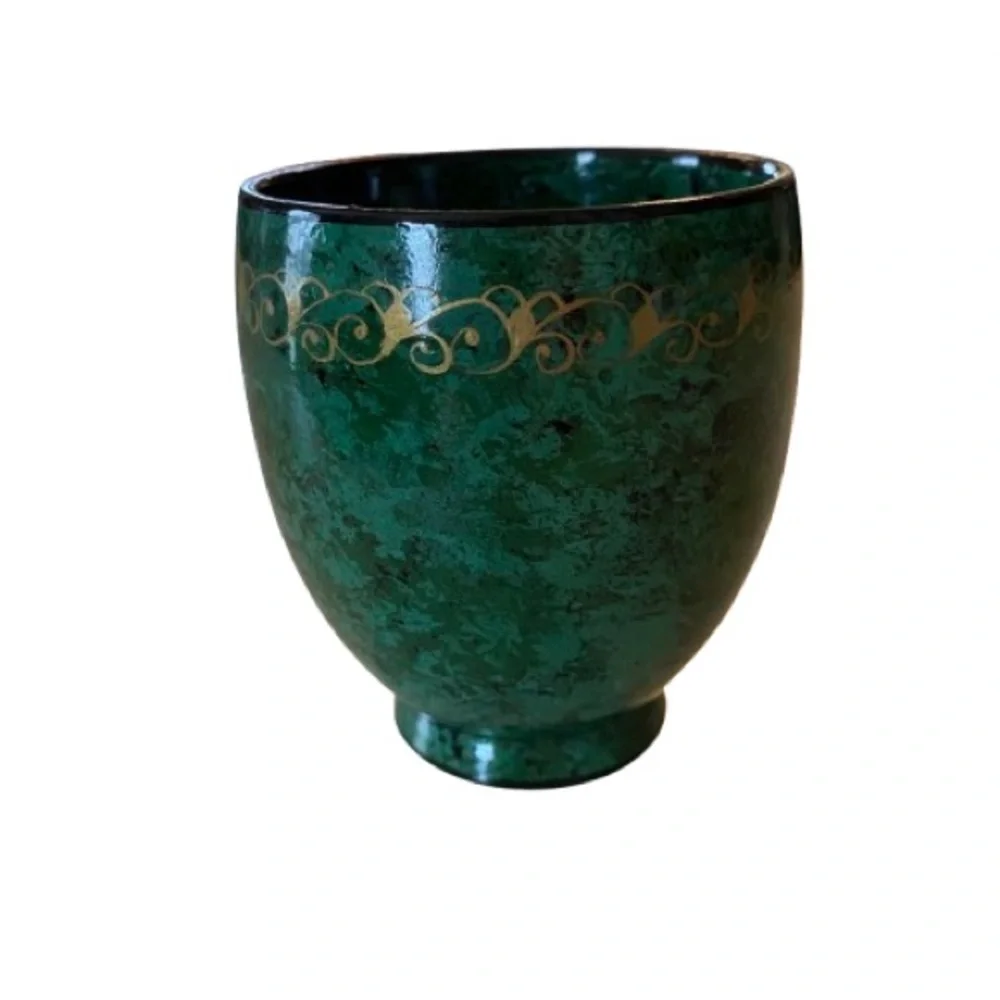 Vintage Russian Lacquerware Tea Cup w/ Faux Malachite Finish Gold Trim 3”
